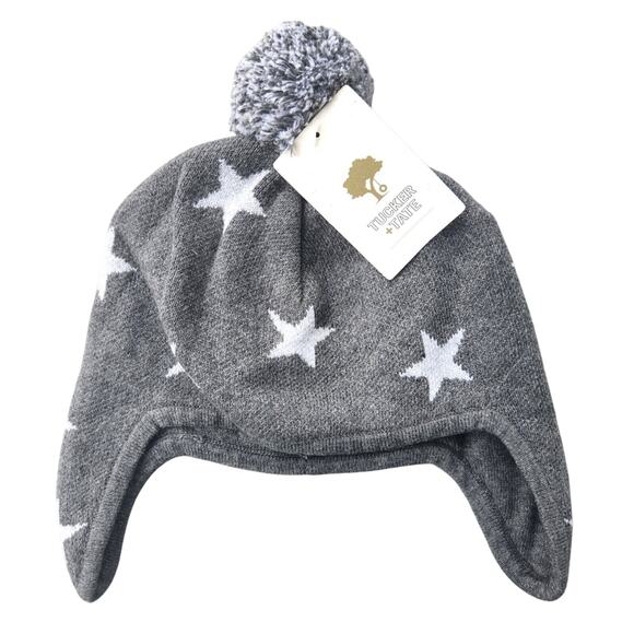 Tucker + Tate Baby Grey Stars Soft Cotton Knit Pom Earflap Hat Size 12-24 Month - Picture 1 of 3